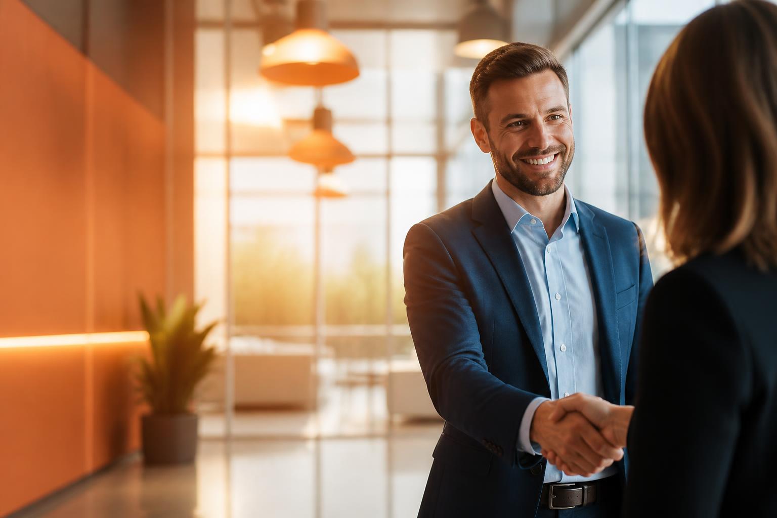 Twee zakenpartners schudden elkaar de hand in een modern kantoor met warme oranje accenten — LeadsConnect verbindt aanvragen met partners